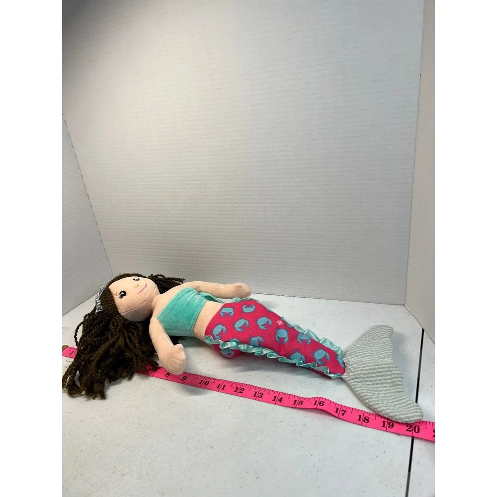 The Preppy Pelican Mermaid Plush Rag Doll Pink Crab Tail Brown Yarn Hair 19.5